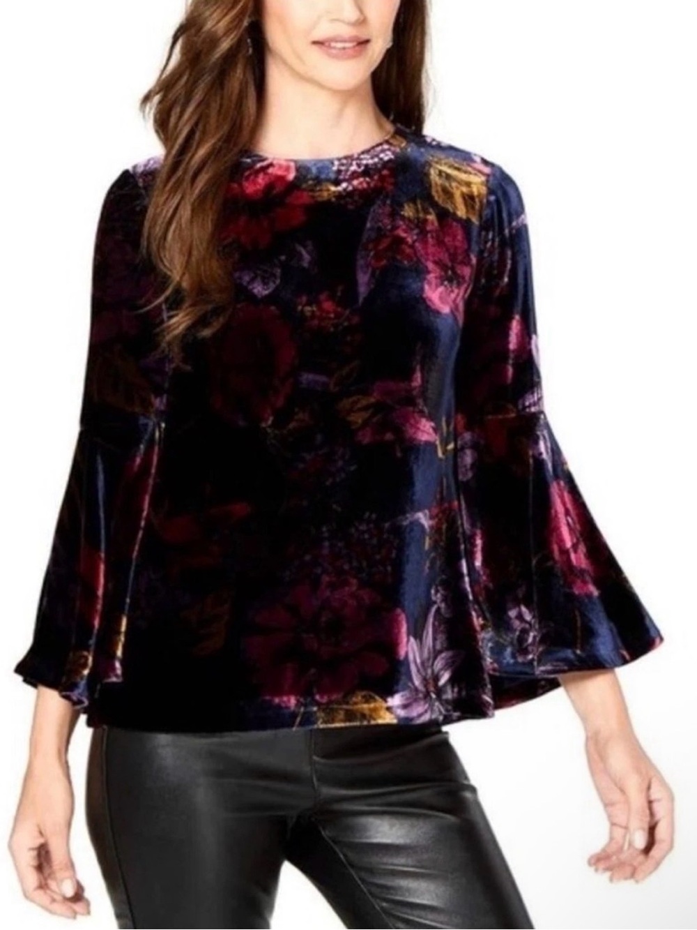 NWT TRINA TURK Velvet Floral Bell-Sleeve Top Purple Floral $328